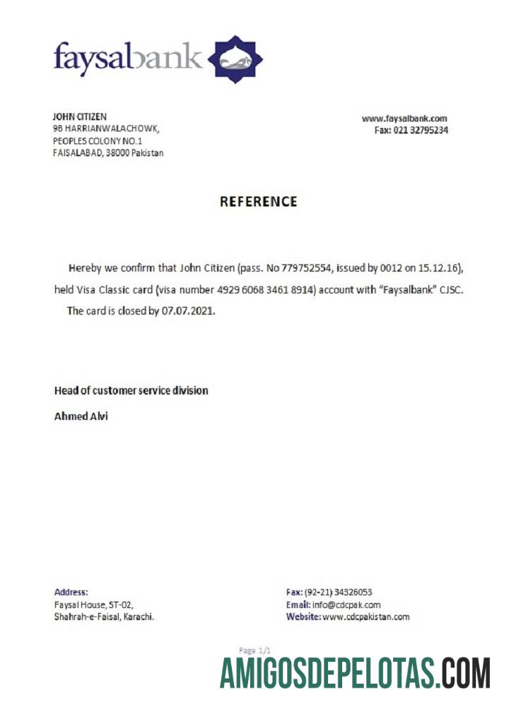 Referência de fechamento do Banco Faysal do Paquistão modelo